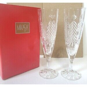 Set of 2 MIKASA Christmas Tree Champagne Flute Stemware Glasses Excellent 8.5"